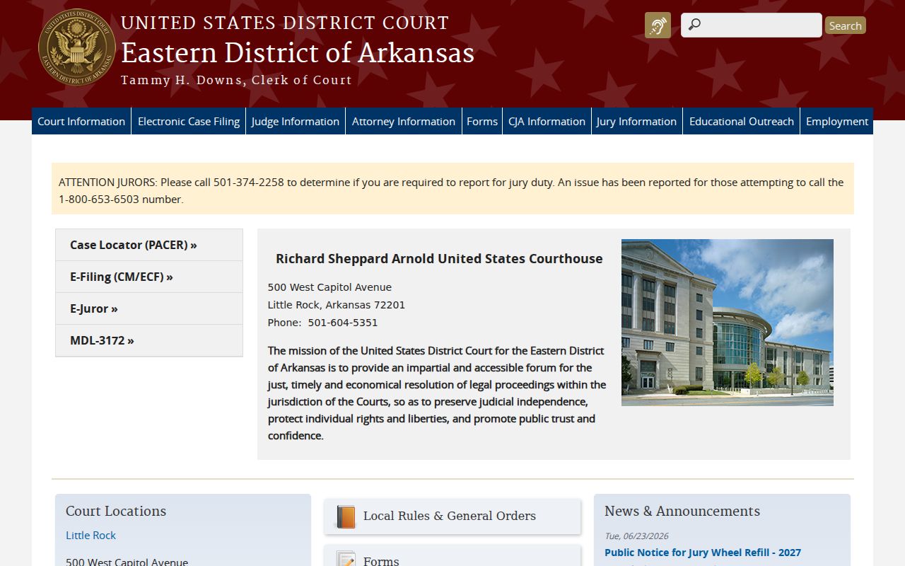 Eastern District of Arkansas federal court website for Augusta cases