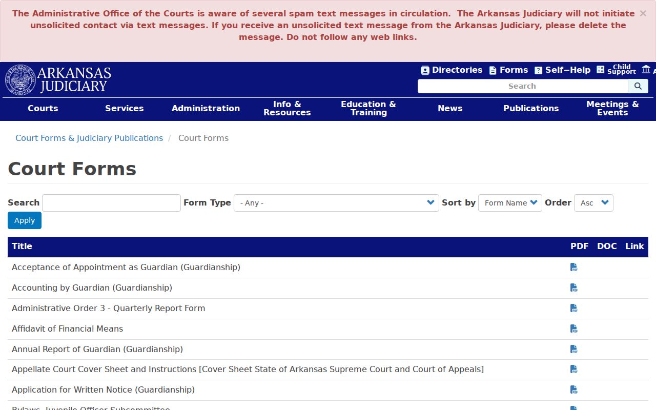 Woodruff County court case record forms on the Arkansas Judiciary site