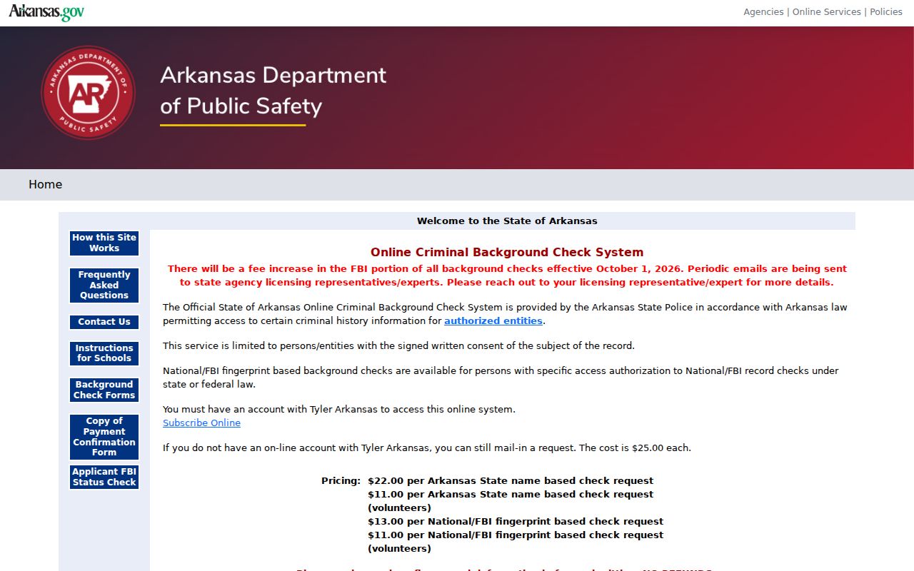 Arkansas State Police criminal-history search portal for Woodruff County records